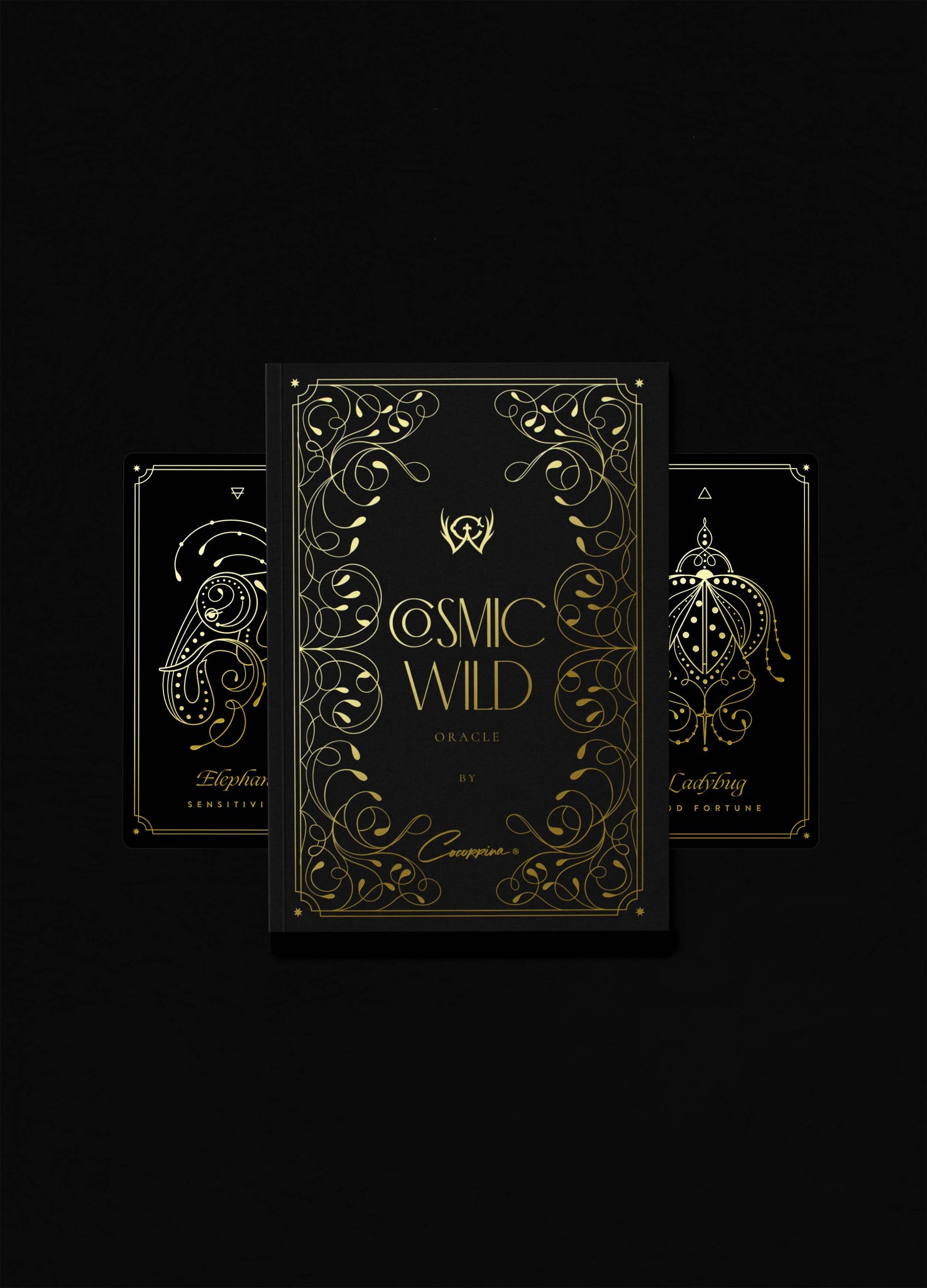 Cosmic Wild Oracle deck, animal tarot by Cocorrina & Co in black and gold