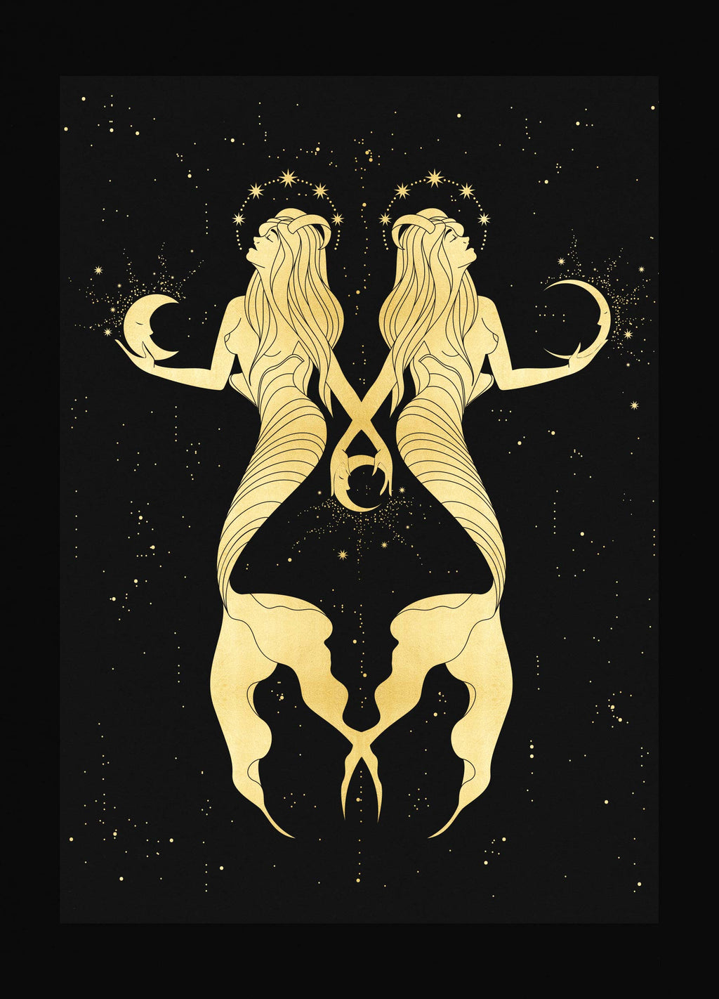 Water Nymphs Gold foil artwork print on Black paper by Cocorrina & Co Shop